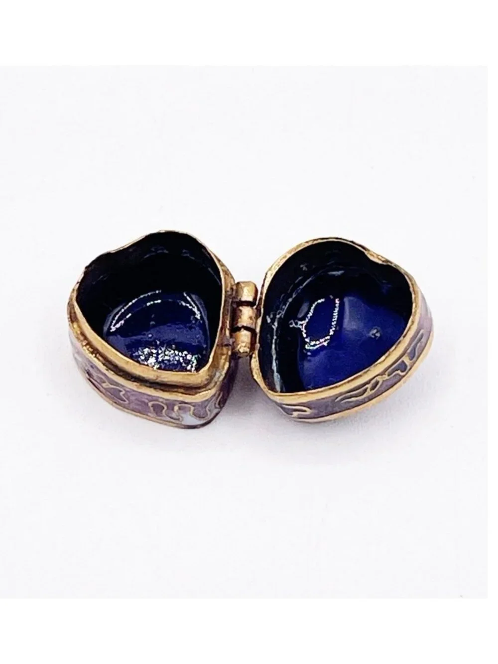 Miniature Cloisonne Enamel Heart Trinket Box Purple Blue Floral Hinged Pill Box